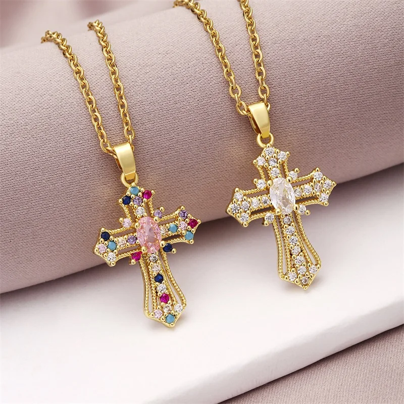 European and American Retro Punk Cross Pendant Fashion Niche Design Christian Geometric Color Lucky Guardian Couple Gift