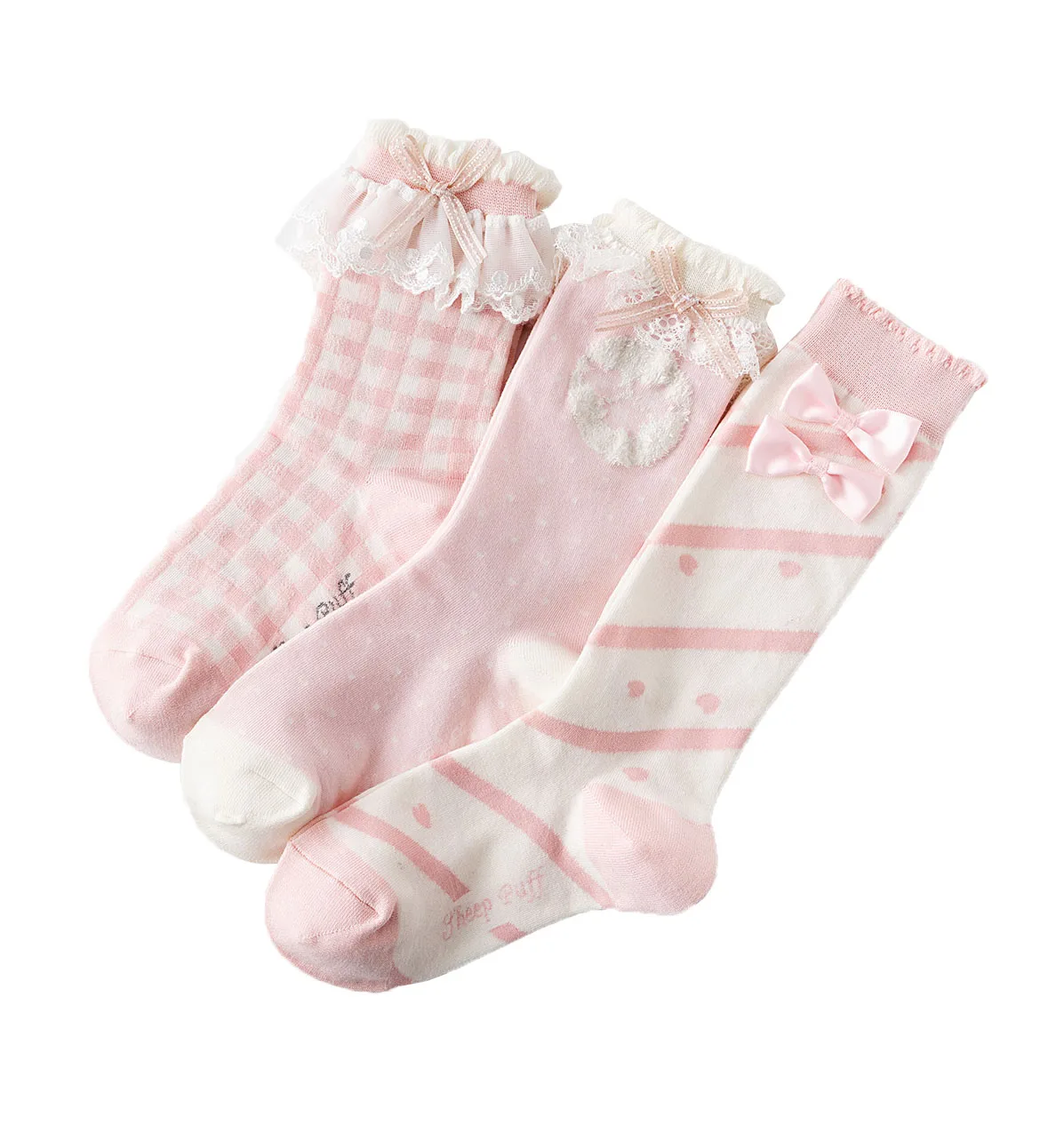 Japanese Lolita Sweet Cute Girls Socks Pink Lattice  Stripe Lace Bows Socks For Autumn Winter