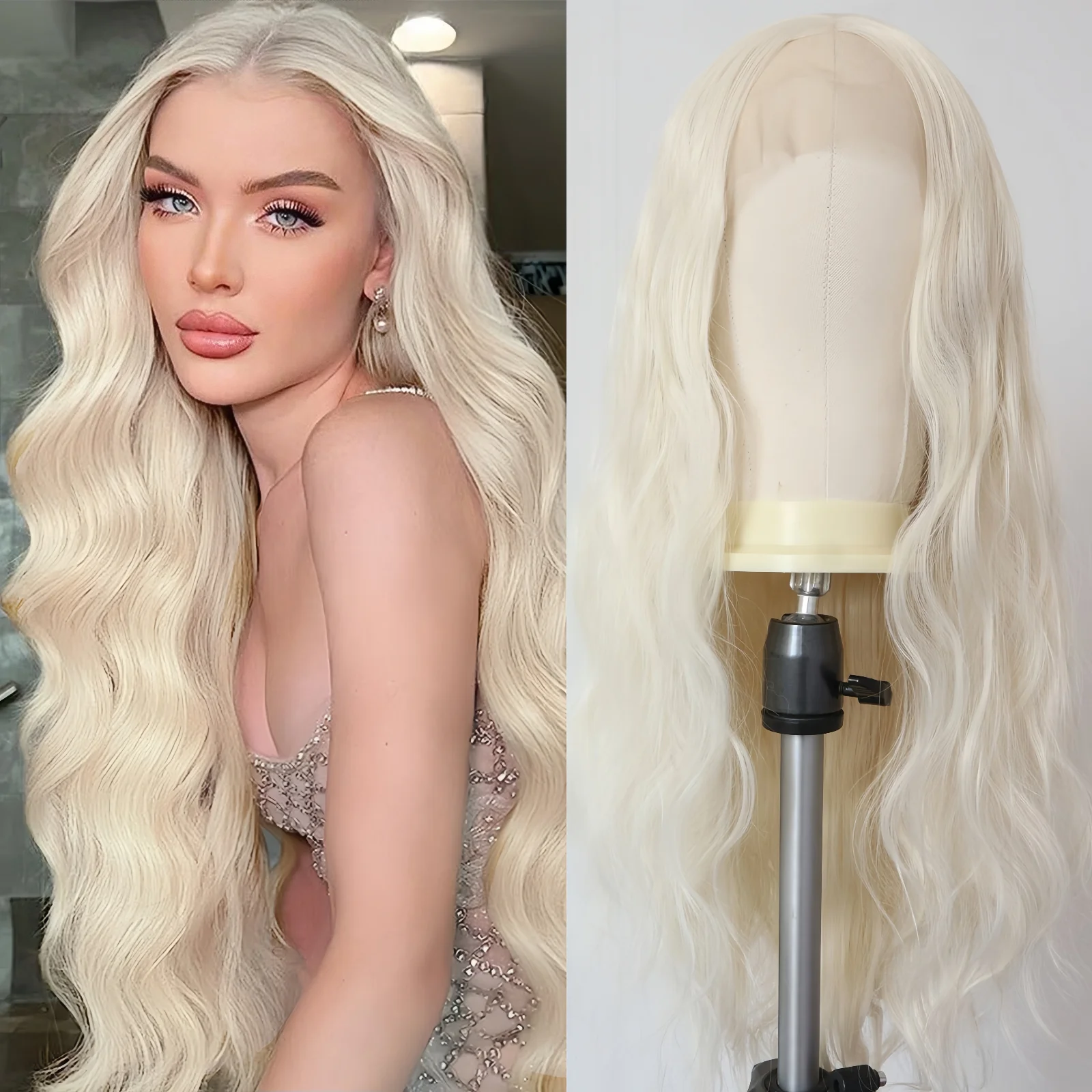 Long Wavy Natural Wave 60 Platinum Blonde Synthetic Lace Front Wigs for Women Middle Part Body Wave 13X4 Daily Party Cosplay Wig