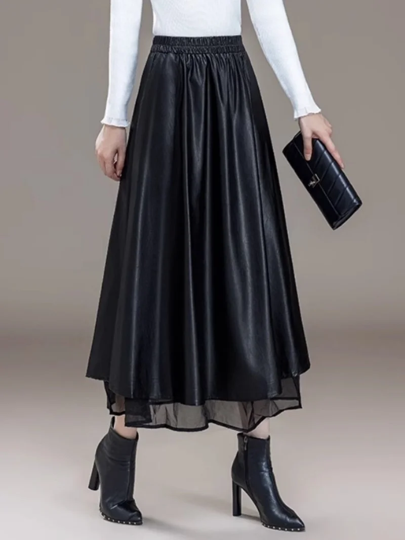 Classic Black Leather Midi Skirt Women, High Waist A-Line  Versatile Skirt, Vintage Hepburn Style Must-Have Wardrobe Basic W1854