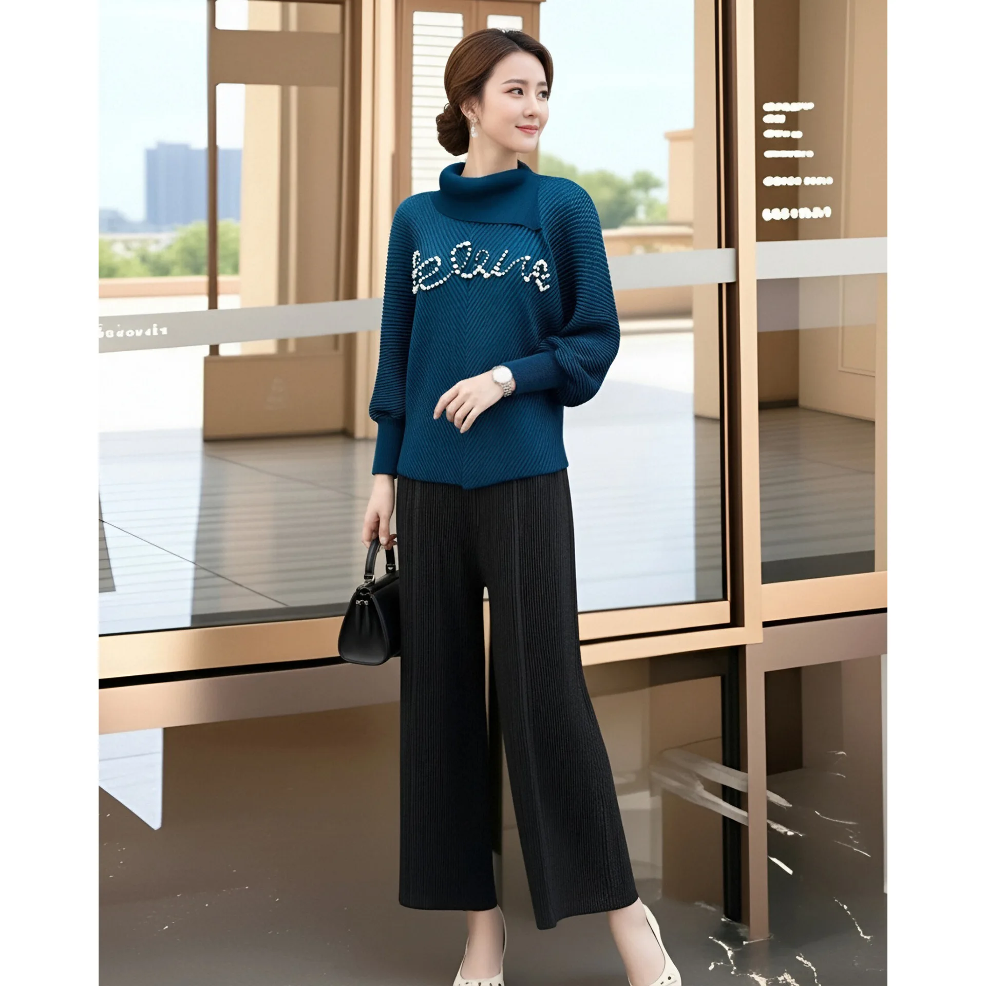 

Miyake Sweatshirt Coat Pullover Women's Solid Color Beaded Round Neck Bat Sleeves Commuter Style Loose Pleated Top 2025