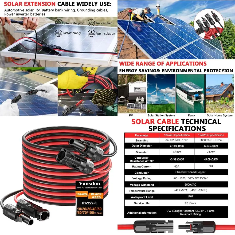 

Удлинительный кабель 70 футов, 10AWG, с водонепроницаемыми разъемами для автодомов и солнечных систем (красный и черный)