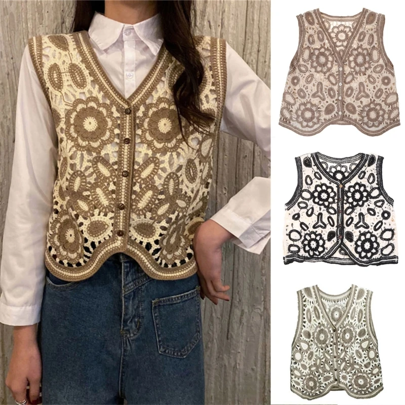 Women Vintage Hollow Out Crochet Crop Vest Embroidery Floral Sleeveless for Jack