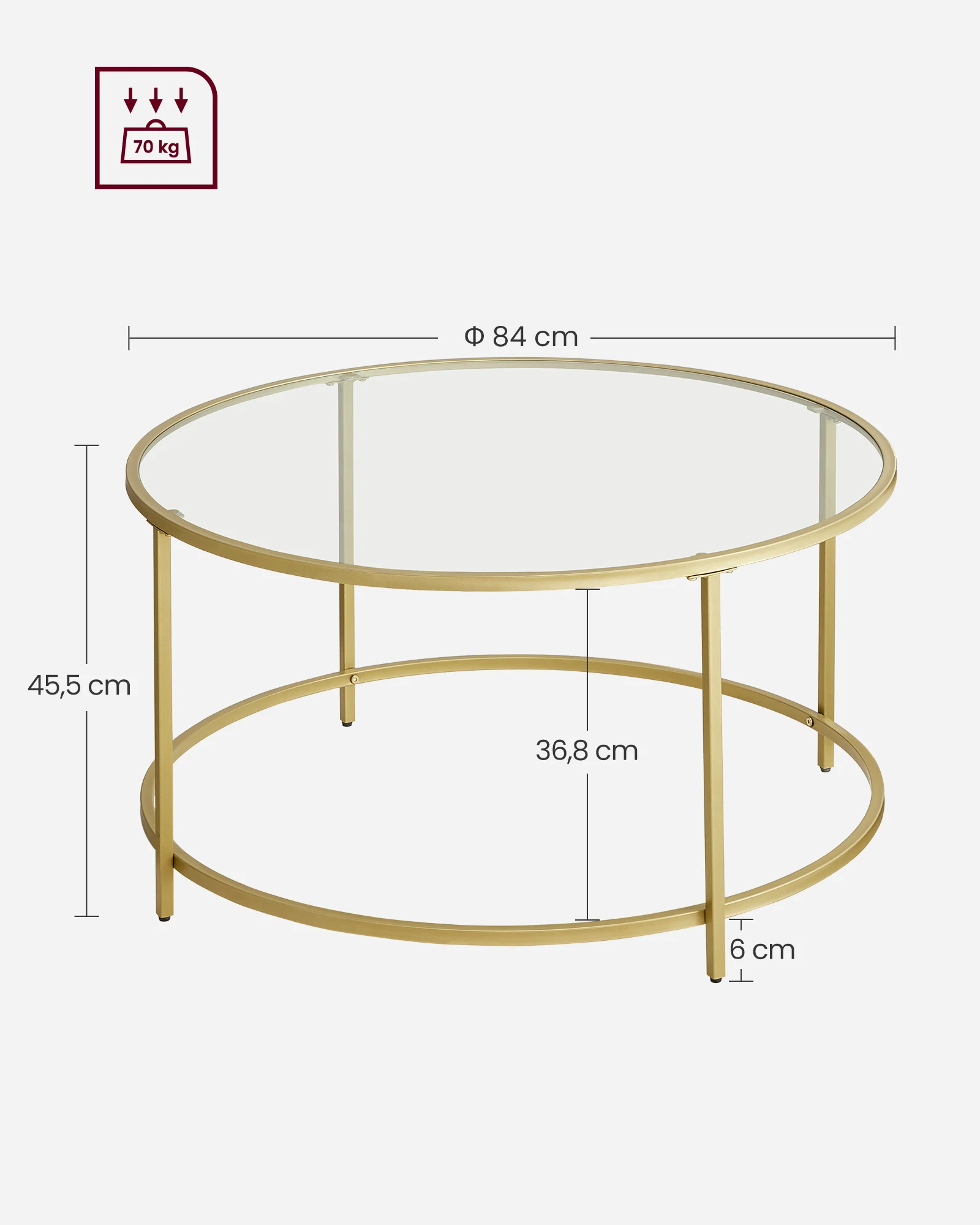 VASAGLE Table Basse Salon, Meuble de Salon en Verre, Cadre en AER, Table Basse Ronde, Doré