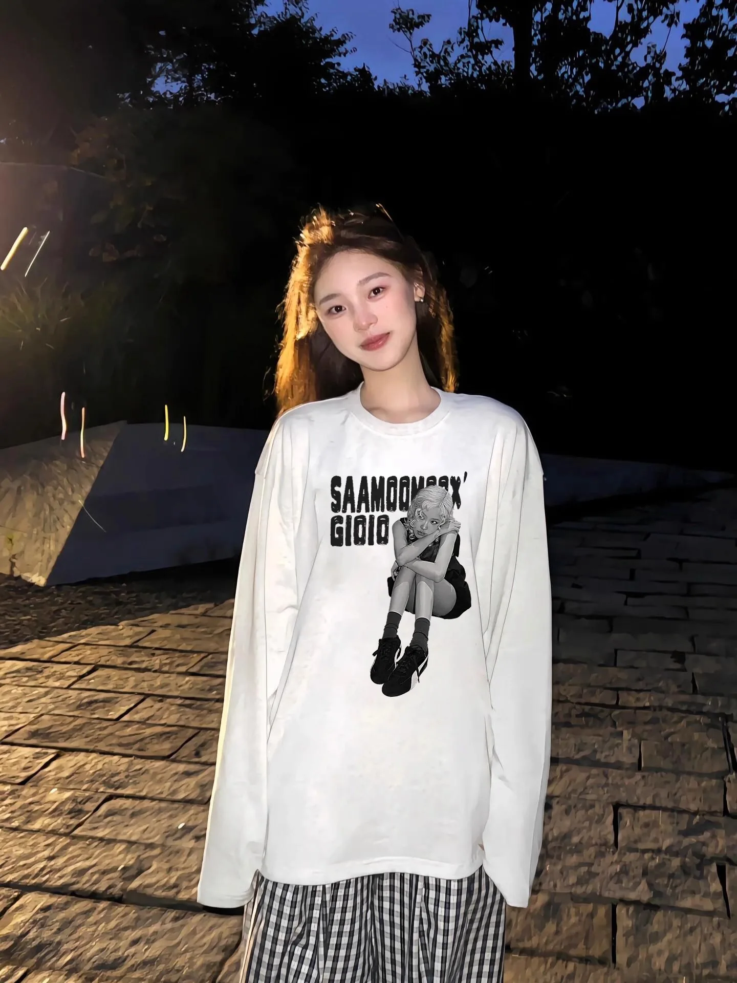 Koszulka damska w stylu koreańskim, biała, z długim rękawem, jesień-zima 2025, nowa, 100% bawełna, oversize, luźna, top, odzież damska Y2k