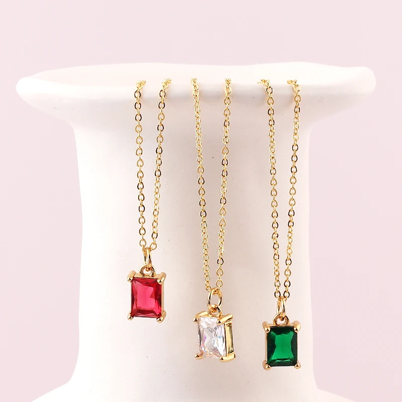 1pc Blue/Black/Red/Green/Pink Square CZ Necklace for Women Gold Plated Pendant Necklace Good Quality Fashion Jewelry