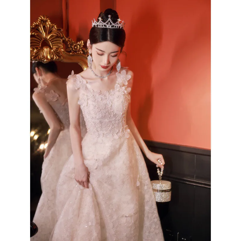 2025, neues lässiges rosa Blumen-Abendkleid, High-End-Verlobung, Hochzeit, Toast-Kleid, elegantes Host-Performance-Abschluss-langes Kleid