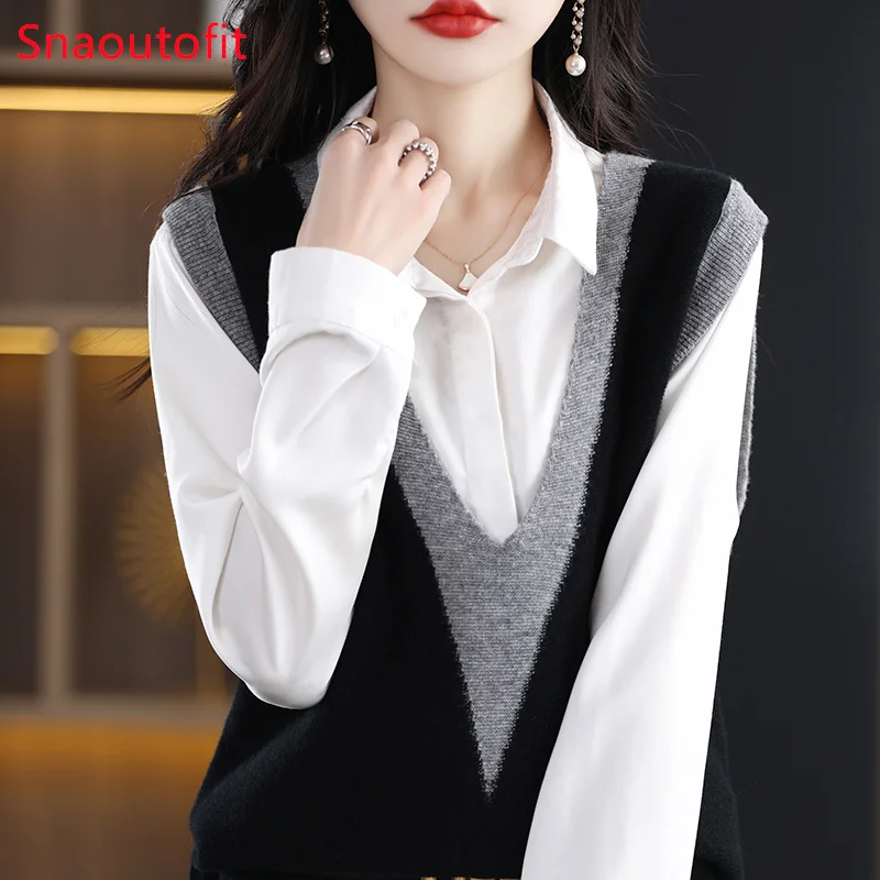 Sleeveless V-Neck Pure Wool Vest Women\'s 2023 Spring Knitted Pullover Fashion Match Color Cashmere Sweater Vest Loose Fold Top