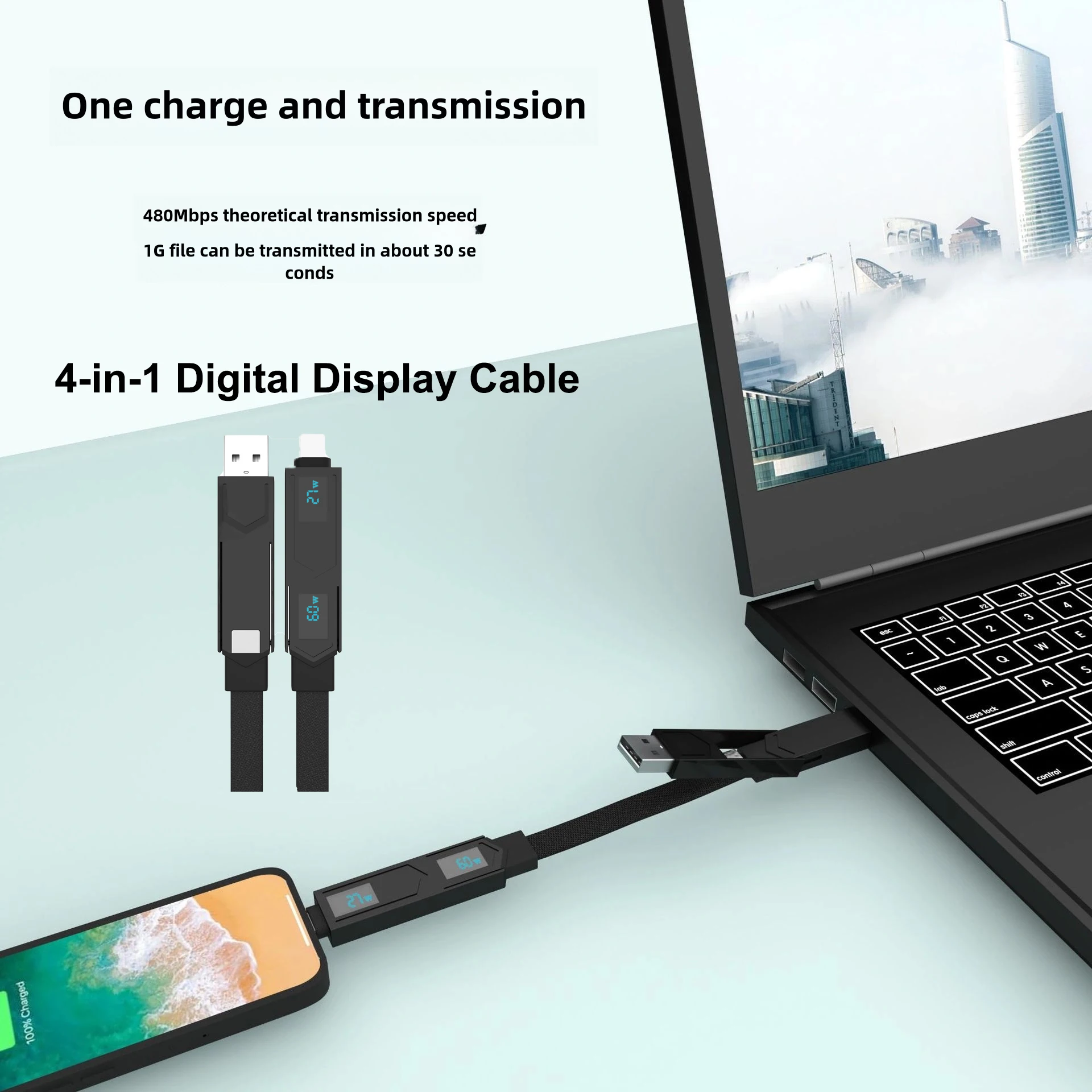 60W High Power Dual Screen 4-in-1 USB Cable USB C to USB C Cable PD 60 Watt with Digital Display for iPhone15promax Samsung