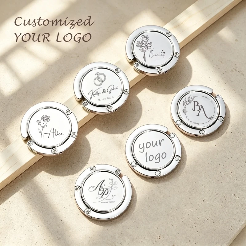 20 Stück personalisierte Hochzeitsgeschenke, individuell gravierte Metall-Handtaschenhalter, tragbarer Taschenhaken, Damen-Taschenhänger, Hochzeitssouvenir – Detail 3