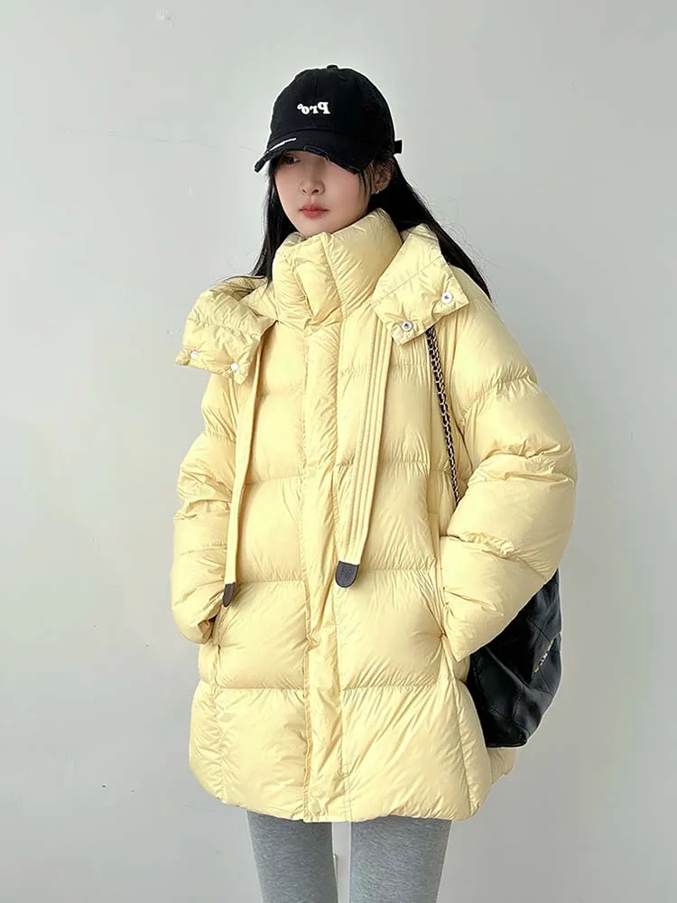 럭셔리 여성 후드 다운 재킷 2025 겨울 두꺼운 따뜻한 느슨한 중간 길이 퍼퍼 코트 기본 여성 겉옷 솔리드 INKEO DJ533
