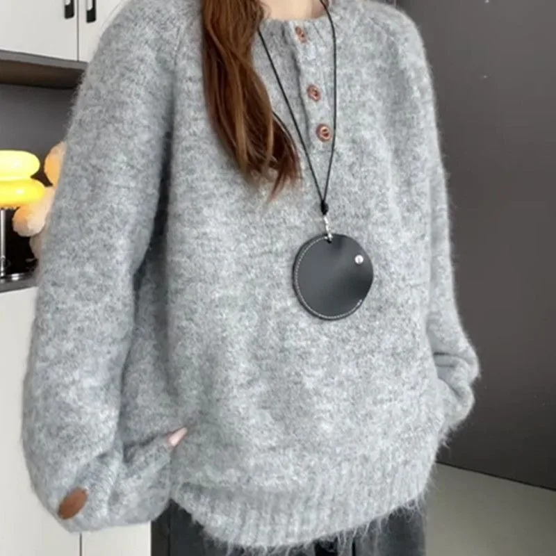 Leiduo Gentle Wind Soft Waxy Long Sleeve Sweater Women's Autumn Winter Casual Bottoming Sweater Niche Gray Top