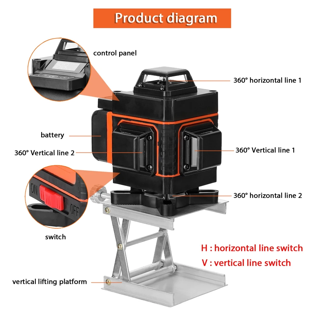 레이저 레벨 다기능 셀프 레벨링 기능, 수직 수평 라인, 4D 도구, 16 라인