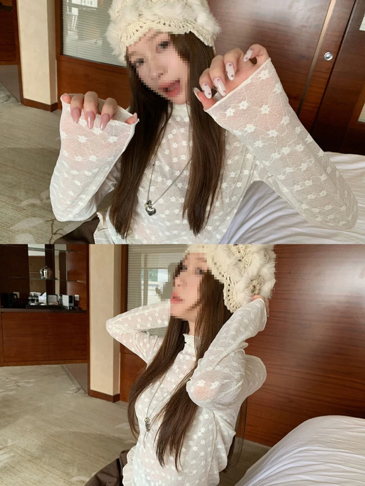 Lace Base Layer Shirt Women's 2026 New Autumn Inner Wear Overlap High Neck Mesh Advanced Sense Long Sleeve Top Korean Style C...