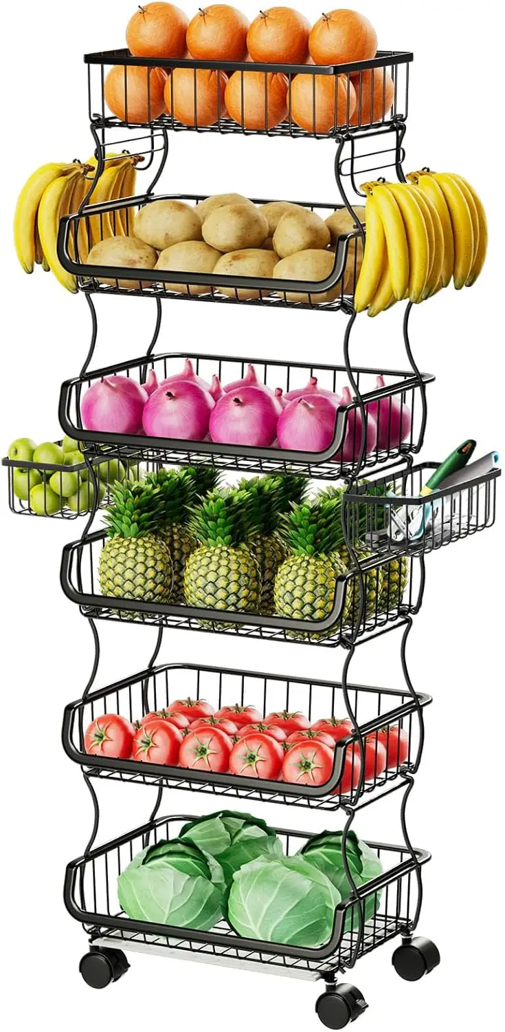 

6-Tier Rolling Cart with Wheels and Hanging Baskets, Stackable Metal Wire Storage for Kitchen