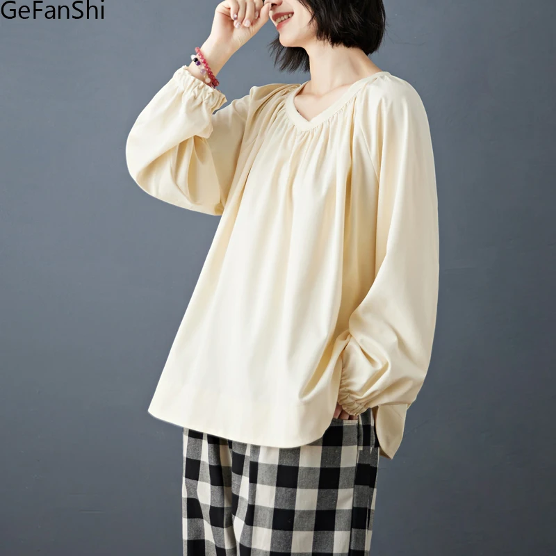 

Новинка 2024, весенне-осенняя винтажная однотонная повседневная футболка с v-образным вырезом и длинными рукавами, женская рубашка, женские топы, одежда