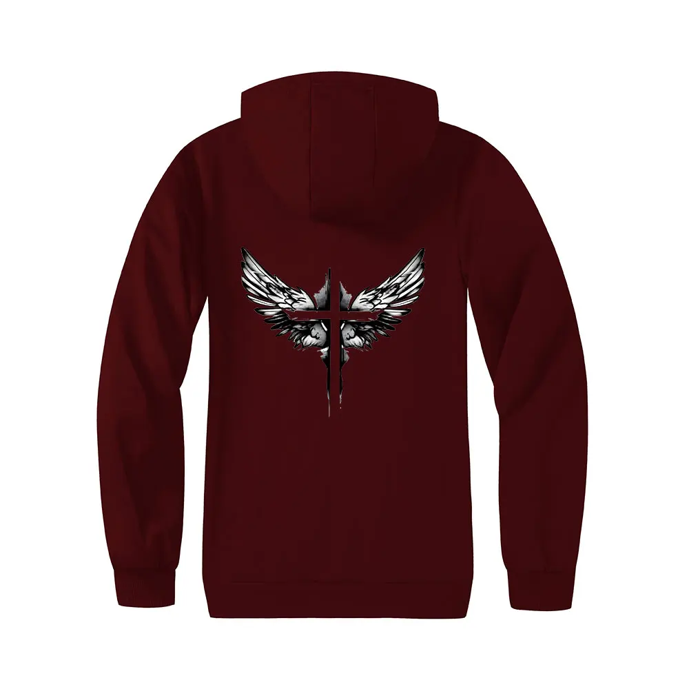 เสื้อแจ็คเก็ตมีฮู้ดผ้าขนแกะสำหรับผู้ชาย พิมพ์ลายปีกกางเขน ซิปแบบคาร์ดิแกน มีกระเป๋าหน้าแบบหนา เสื้อแจ็คเก็ตอุ่นๆ สำหรับใส่เป็นเสื้อนอก