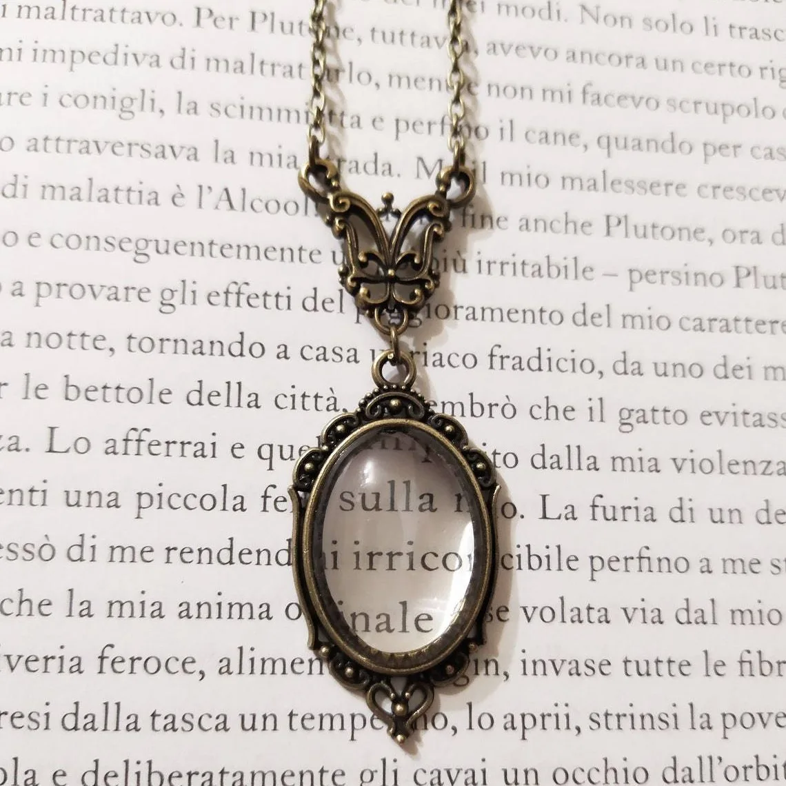 Magnifying glass Cameo necklace, bronze, Pagan witchcraft, butterfly, vintage, reading, transparent relief, For Women, Gothic