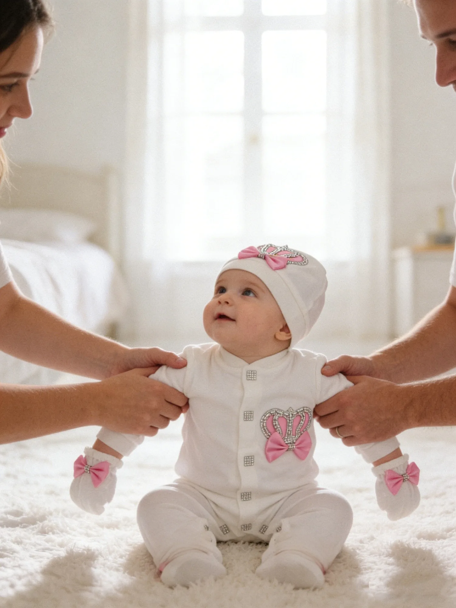 Newborn Girl Princess Onesie Set - White Mint Bow Rhinestone Outfit for Baby Photoshoot