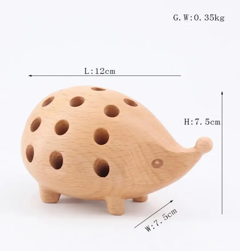 Solid Wood Carving Hedgehog Penholder 24 Holes Creative Pencil Holder Home Decoration Art Desk Figurines and Children\'s  Gift