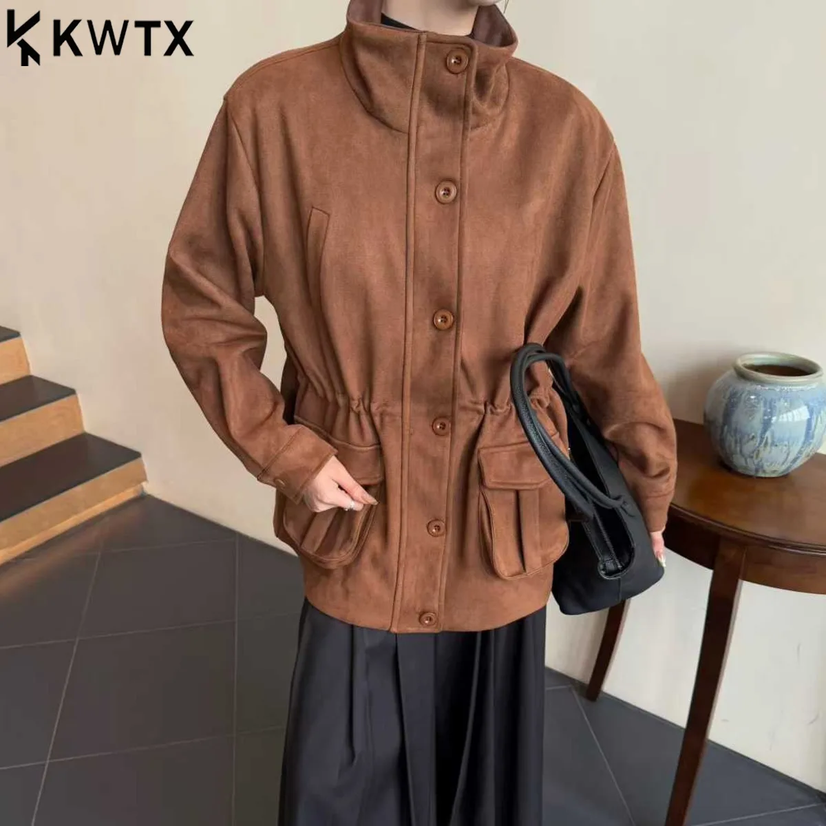 

KWTX 2025 г., женская осенне-зимняя куртка с воротником-стойкой и молнией, пальто с поясом и карманами на талии, однотонная, высокое качество, винтажный шик