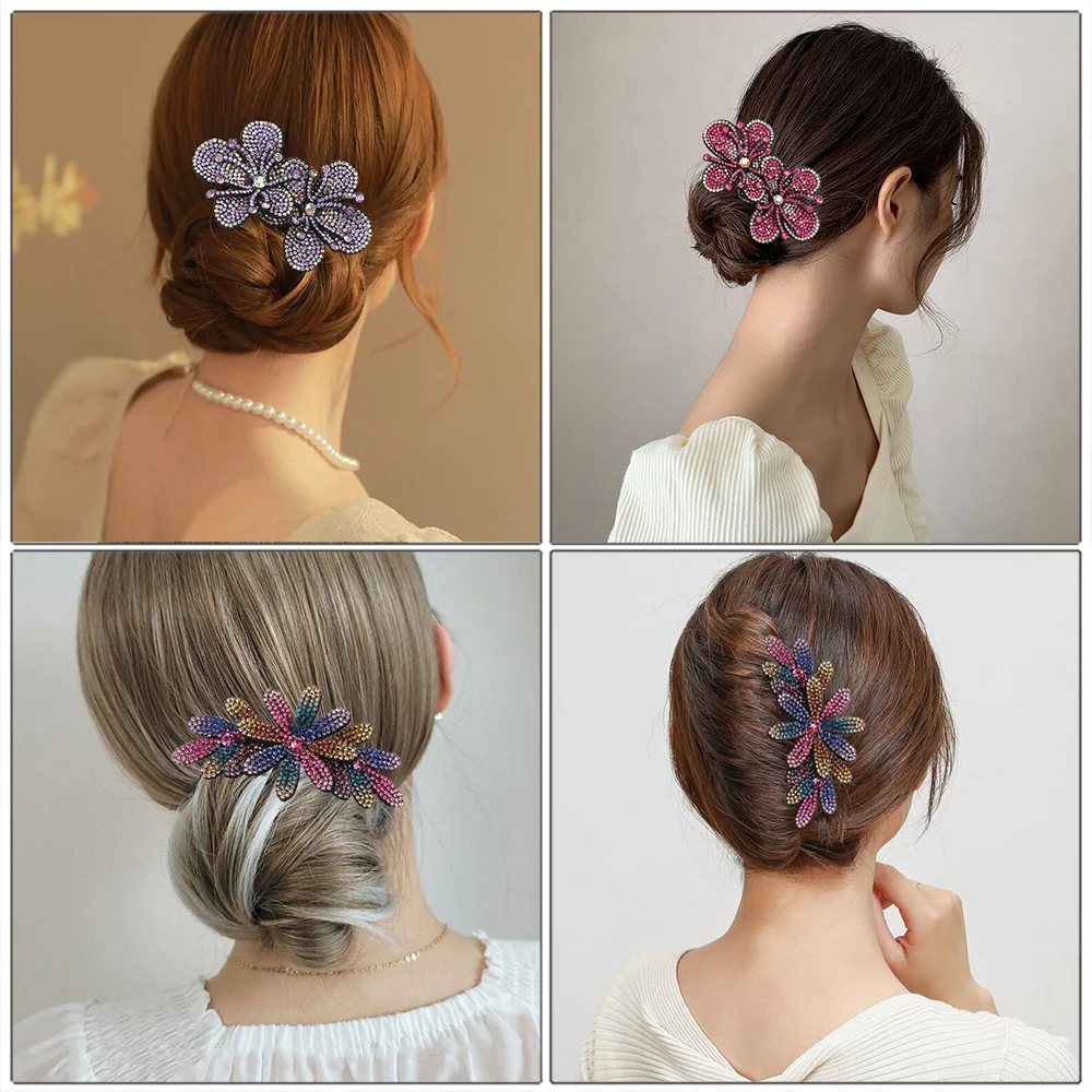 Women Crystal Flower Hair Combs Clip Shiny Rhinestone Hairpin Hair Updo Bun Clip Holding Toosl Ponytail Hair Accessories