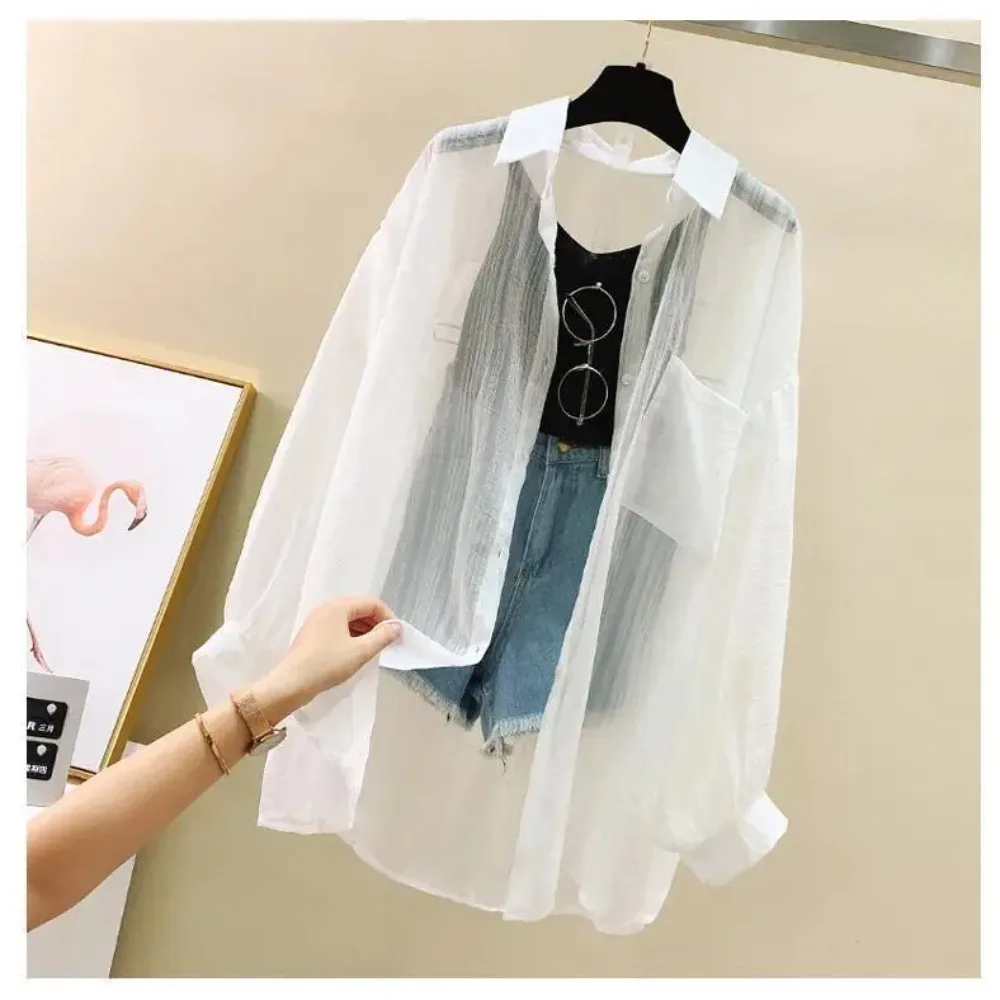 

Summer Sunscreen Shirt Elegant Perspective Thin Chiffon Blouse Korean Harajuku See Through Loose Top Casual Women's Cardigan