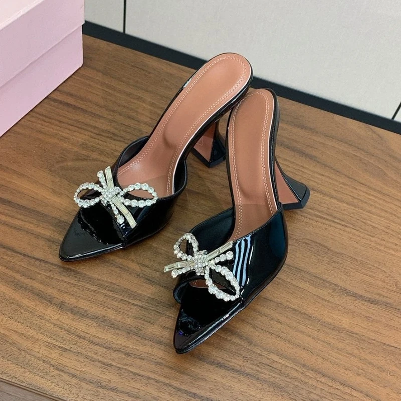 Patent Leather Bling Rhinestone Bow-Knot Decor Slippers Women Pointed Toe Peep Toe High Heel Sandals Summer Dress Shoes Pumps