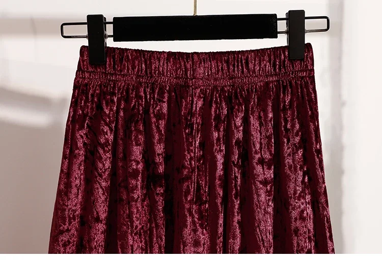 Burgunderroter Plissierter Samt-Midi-Rock für Damen, A-Linie, Herbst/Winter 2026, Vielseitig, Figurbetont, Mittellang, Lässig, Vielseitige Halbrocke – Detail 21