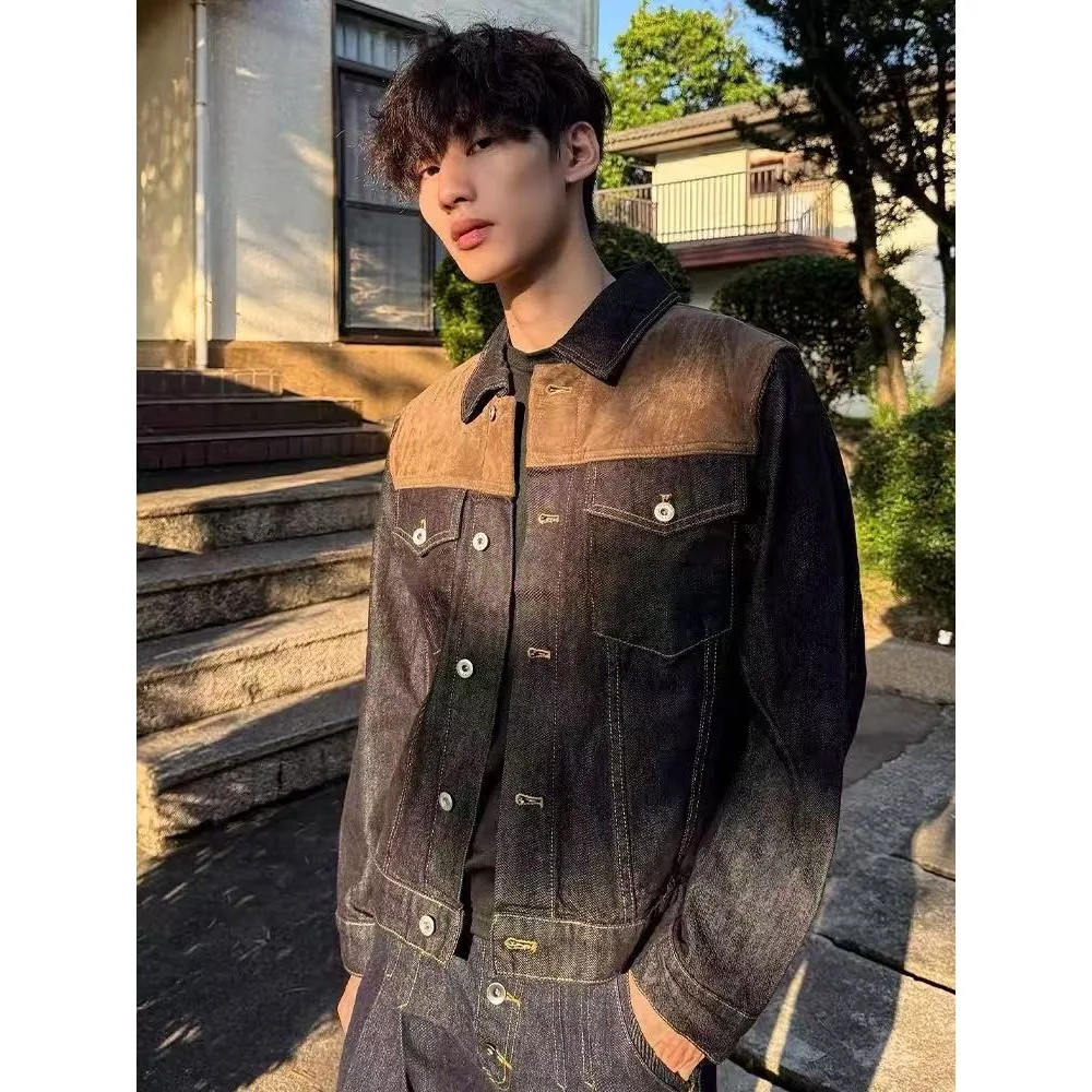 

Fall Winter Large Size 113kg American Washed Suede Patchwork Collar Denim Jacket Men Loose Casual Versatile Outerwear