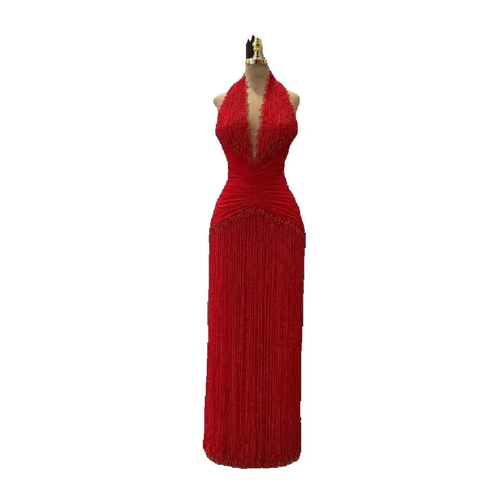 Customizd Halter V-neck Pleated Luxury Tassel A‑line Evening gowns Prom dress Floor‑length Red Elegant Women's dresses