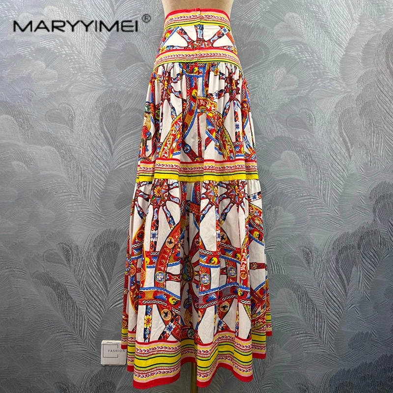 MARYYIMEI Summer Fashion printed women's clothing high waisted long style A-line skirt New 2026 Edition