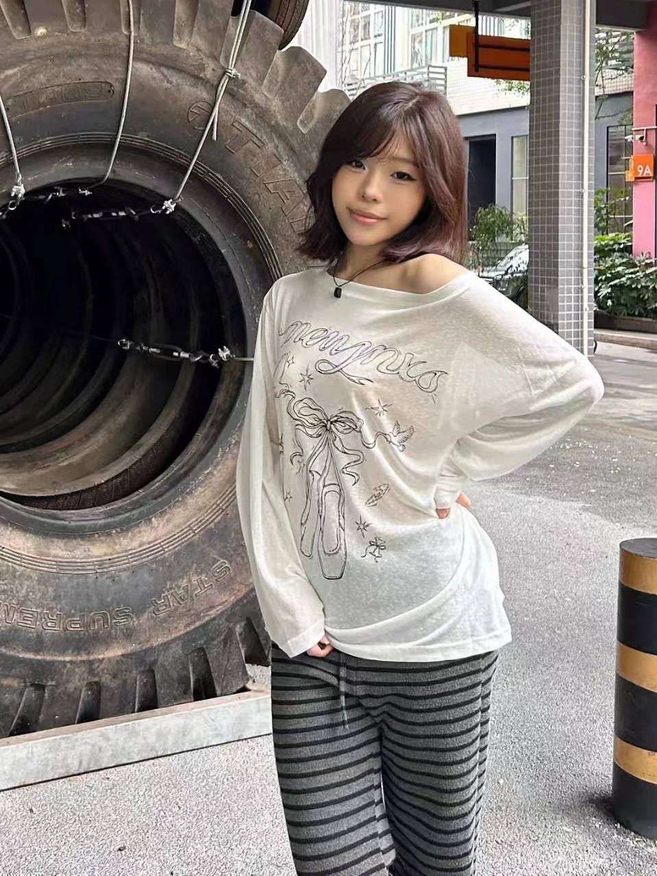 Korean Loose Large Size Long Sleeve T-Shirt Women's Summer Thin Transparent Print Casual Top with Drawstring Cover Design