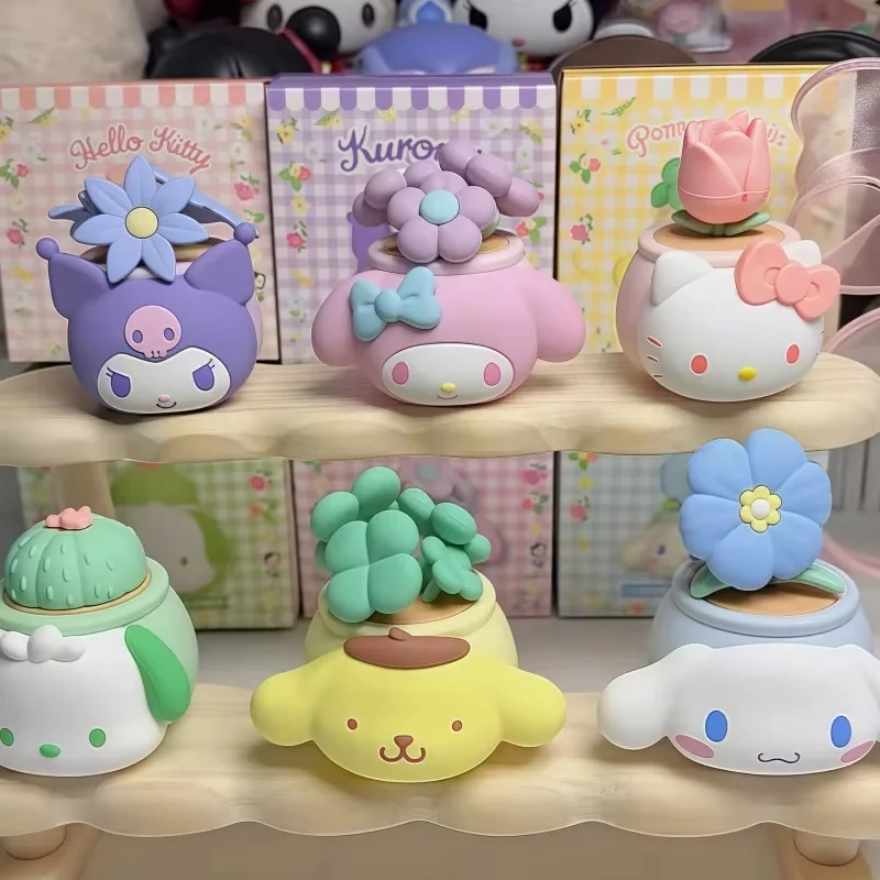 

Genuine Sanrio Family Potted Ornaments Blind Box Toy Anime Kuromi Hellokitty Pom Pom Purin Pochacco Girl Desktop Decorative Gift