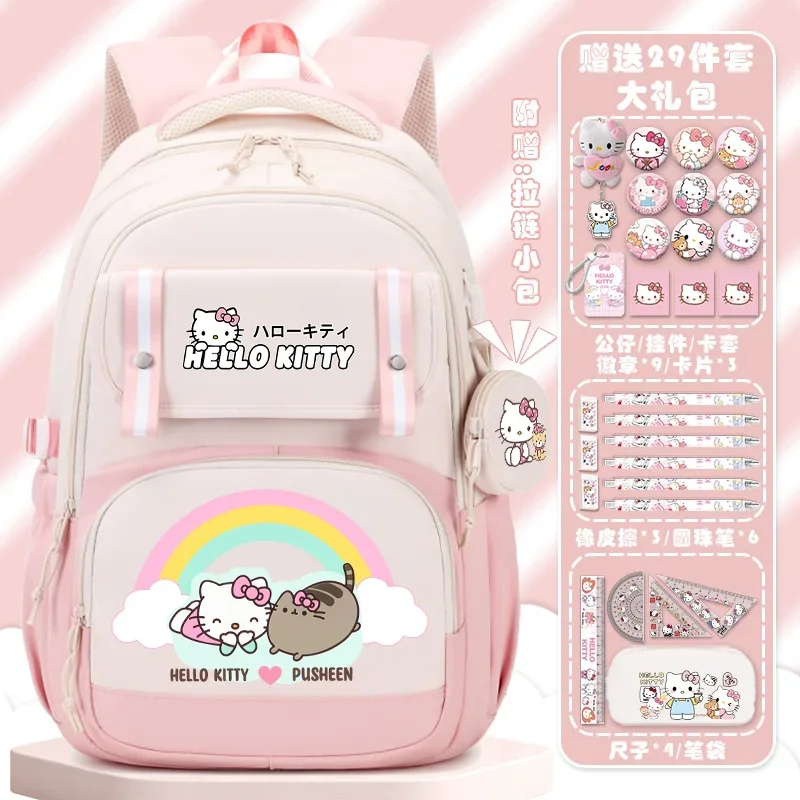 Sanurgente-Cartable étudiant Hello Kitty pour enfants, grande capacité, dessin animé anime, sac à dos léger à double initiation, nouveau