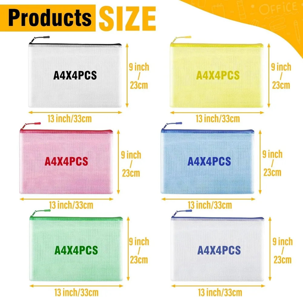 24pcs Mesh Zipper Pouch Bags A4 Size Waterproof Document Organizer for Travel Cosmetics Office Storage