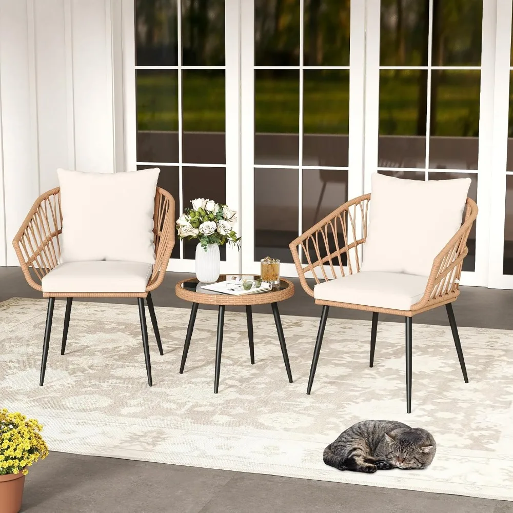 

3 Piece Patio Bistro Set, PE Rattan Conversation Chairs with Round Glass Table & Soft Cushions, Outdoor Patio, Customized