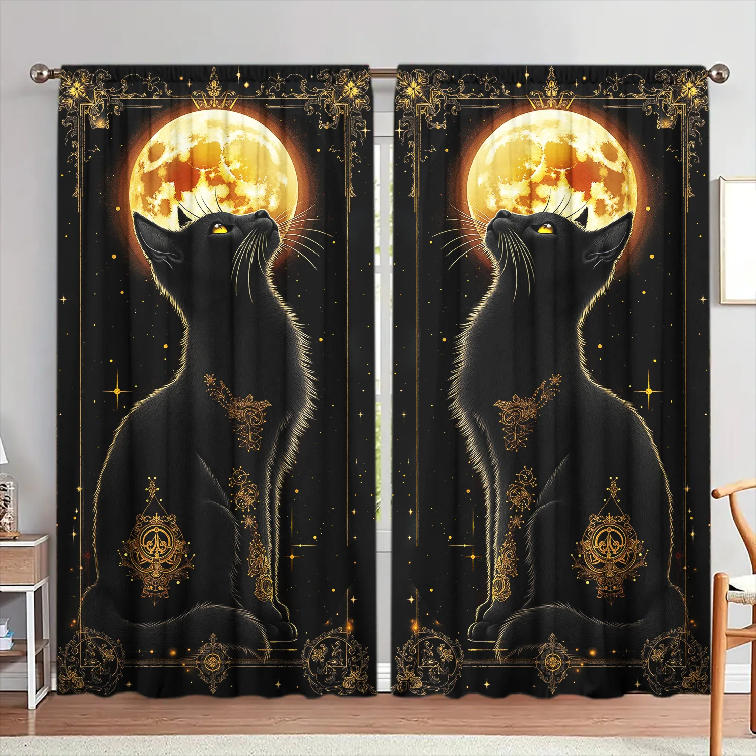 Black Cat Full Moon Gothic Curtain Panel Aesthetic Witchy Style Window Drapery Luxury Celestial Tarot Moonlit Bedroom Decor