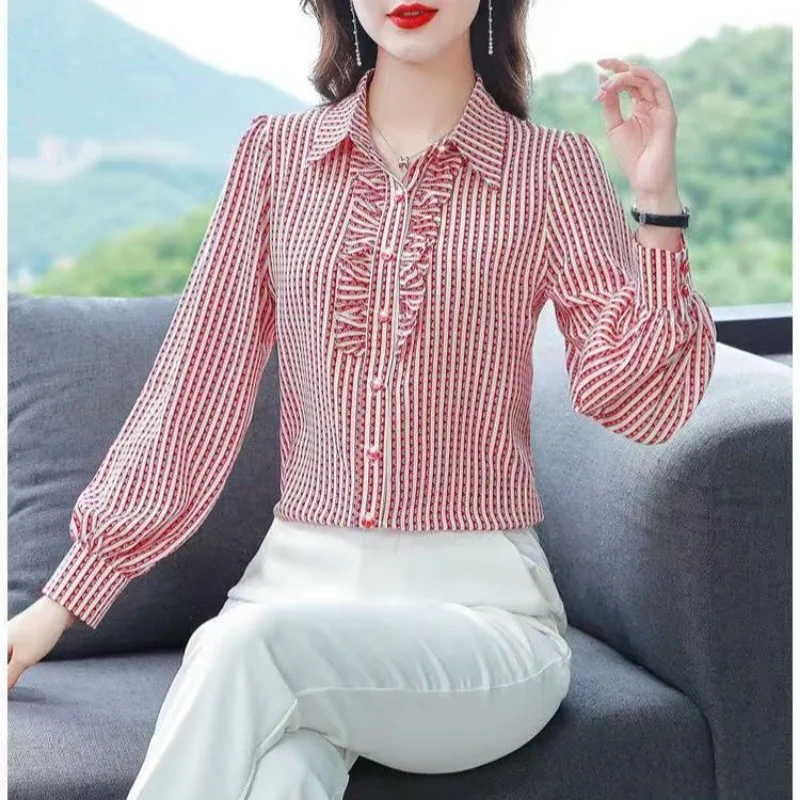

Women's New Style Spliced POLO Collar Button Loose Striped Fashionable Long-sleeved Chiffon Shirt