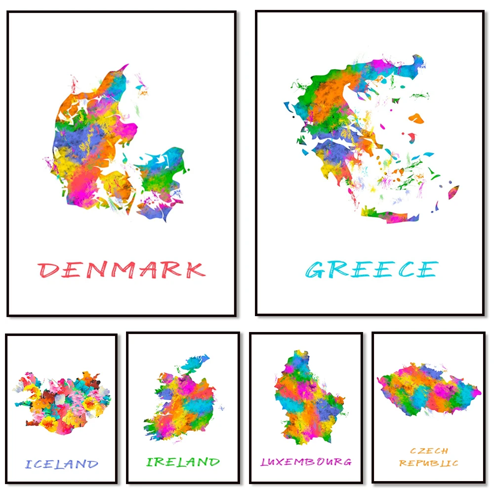 

Greece ,Netherlands ,Luxembourg,Norway,Ireland,Croatia ,Montenegro Map Wall Art, Watercolor Painting Print, Travel Gift Poster