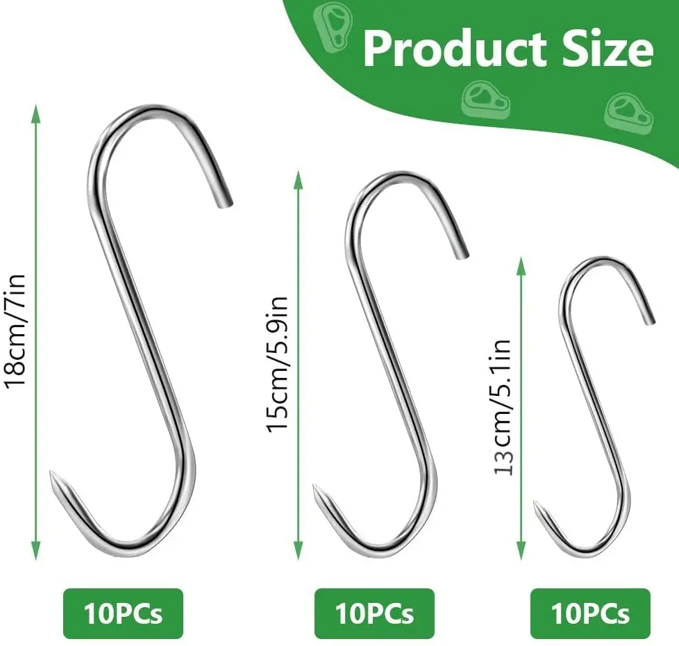 10Pcs Hanging Meat Stainless Steel Sharp Prong S-Hooks Heavy Duty Butcher Processing Hanger for BBQ Pork Sausage Bacon Hams