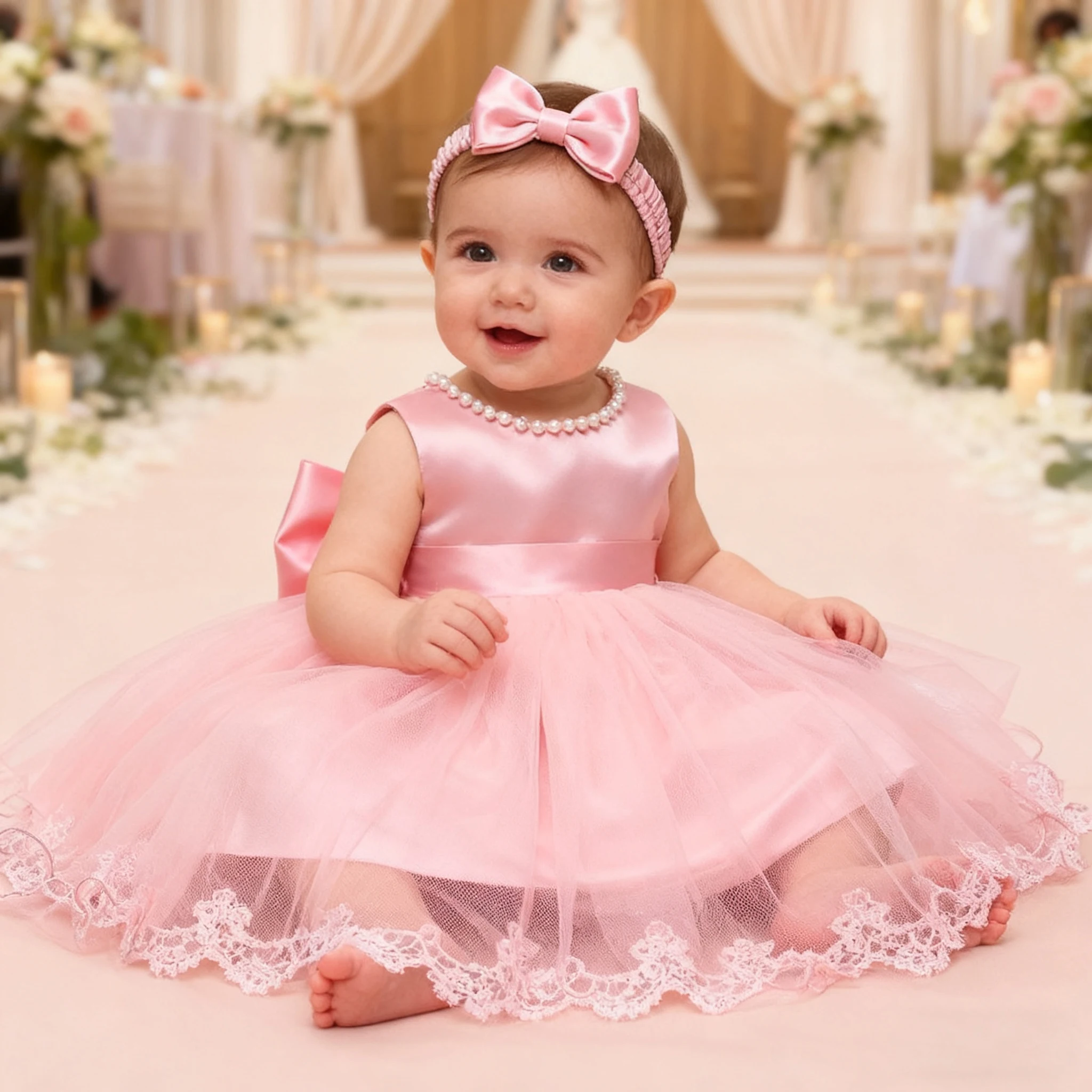 Baby Girl White Lace Princess Dress with Headband 2PCS Elegant Dress for Girls Birthday Party Christening Wedding Formal Gown