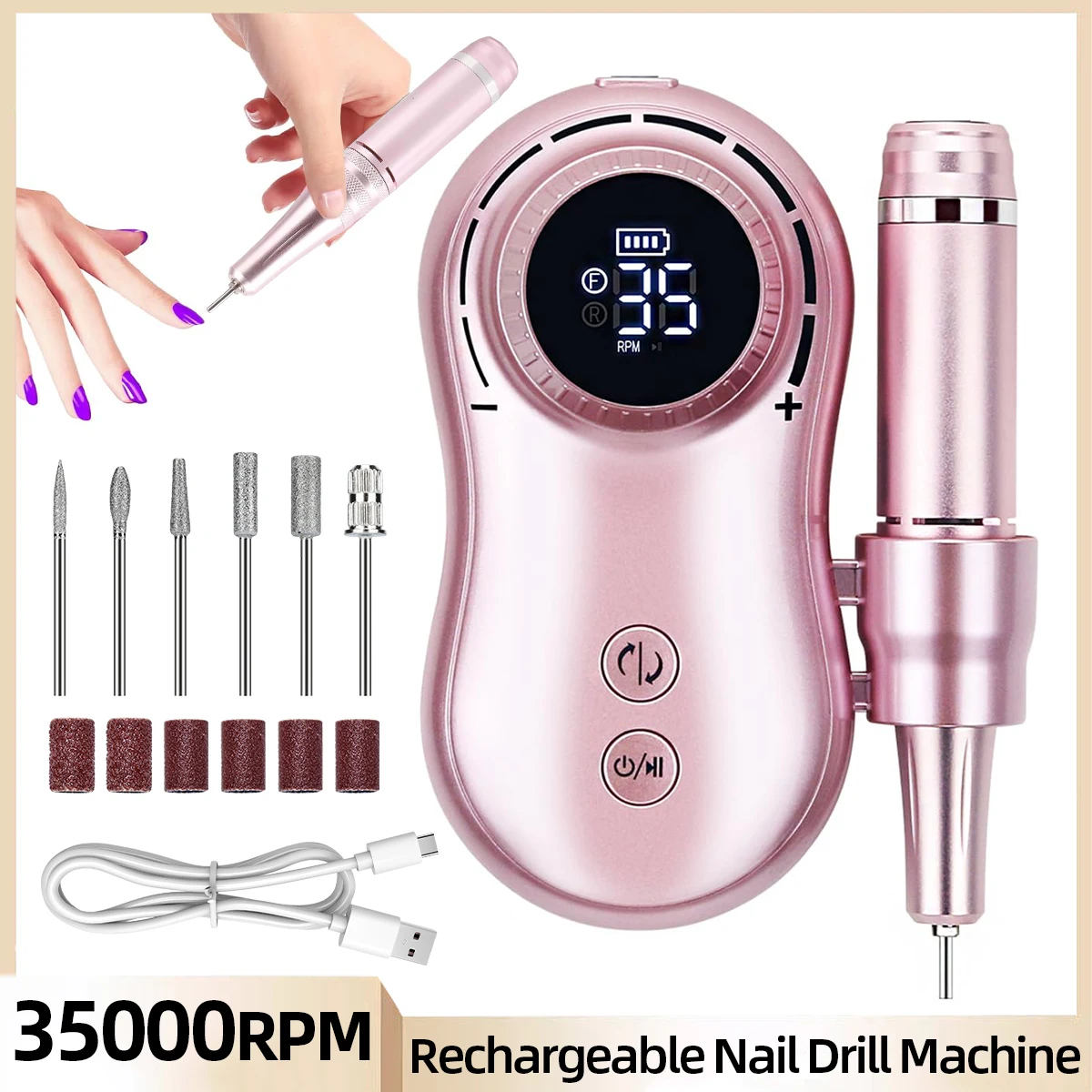 Professional 35000RPM Portable Electric Nail Drill Machine Display Nails Sander For Acrylic Gel Polish Rechargeable Nail Tools