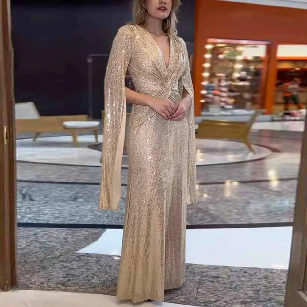 

Autumn Winter Fashion Elegant Sequin Evening Dress Women Luxury V-neck Cloak Sleeves Slim Sequin Party Fishtail Dress Women