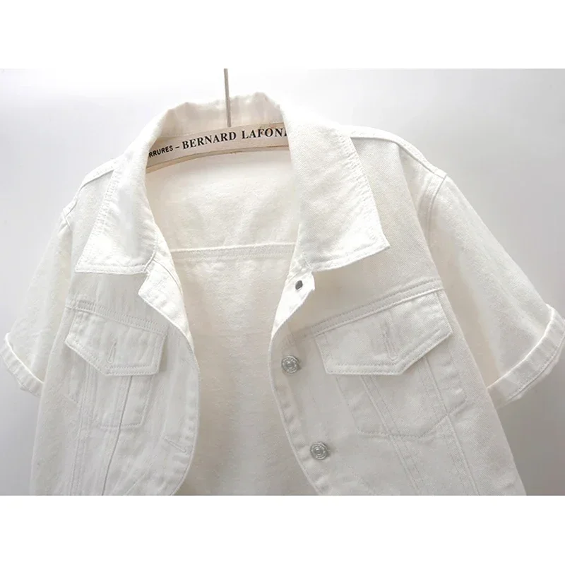 

Fashion Pink White Denim Jacket Women Thin Slim Short Irregular Placket Cowboy Outerwear Pocket Short Sleeve Jeans Jacket Female