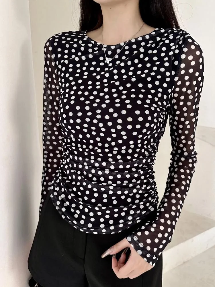 2024SS Spring New Women Luxury Fashion Dots Prints Long Sleeve Slim T-Shirt Female Chic Tops