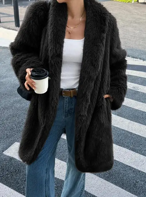 2025年秋冬 エレガントなプラッシュロングスリーブコート レディース服