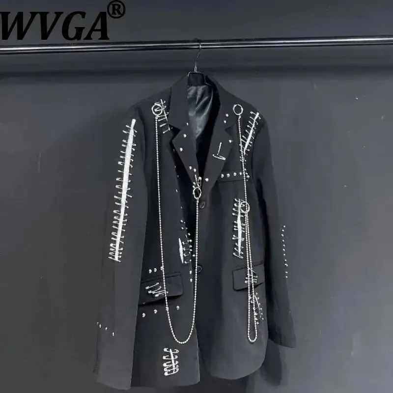 

WVGA Autumn Winter New Man Tide Destroyed Metal Punk Rivet Chain Rock Suit Coat Niche Chic Casual Long Sleeved Blazer Ins W14182