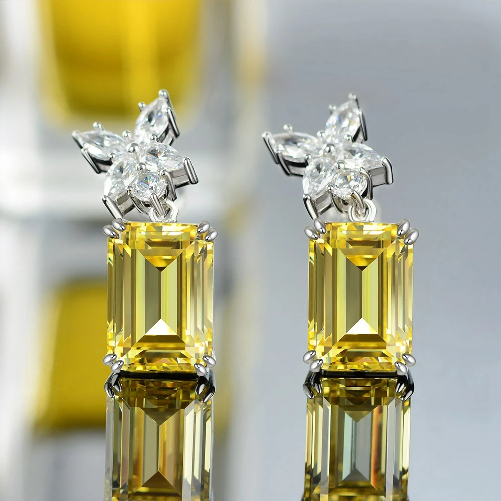 PuBang Fine Jewelry 925 Sterling Silver Luxury Baguette Stud Earrings Yellow Gem Created Moissanite for Women Gift Drop Shipping