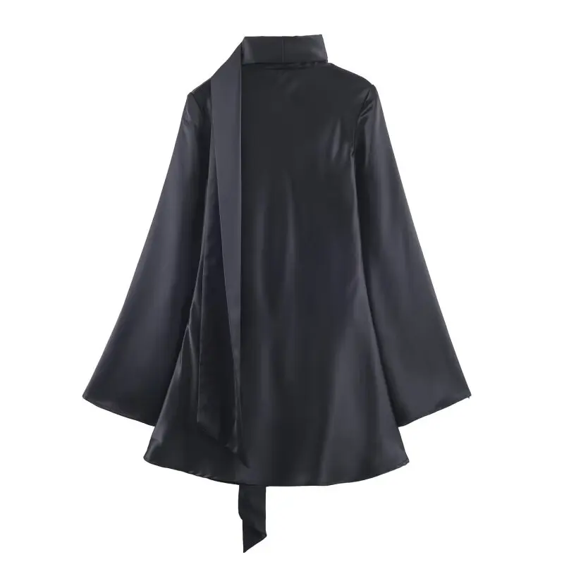 브이넥 실크 새틴 텍스처 드레스 여성 긴 소매 패셔너블 스트리트웨어 가을 솔리드 우아한 여성 의류 드레스 스카프 매치